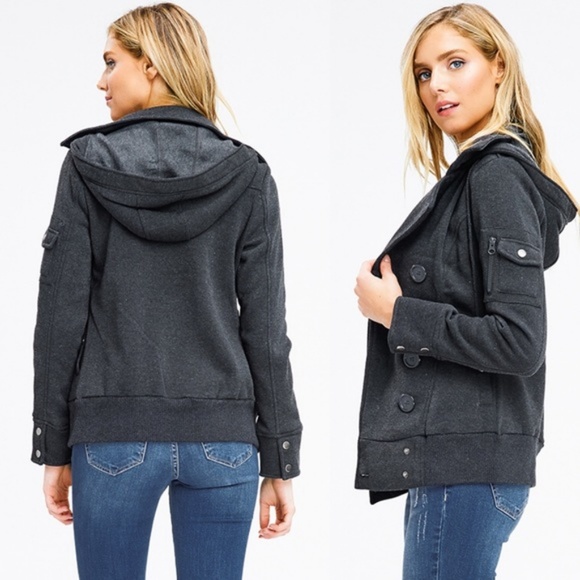 1 Left!{Montrez}Charcoal Gray Hooded Button Jacket - Picture 2 of 3